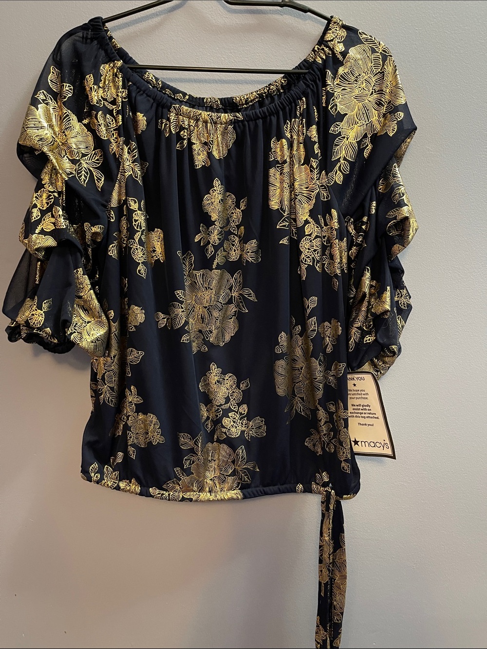 MSK Navy Blue Blouse with Metallic Gold Floral Print